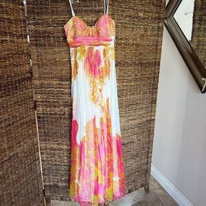 Pink & White Floral Strapless Maxi Dress with Gold Accents